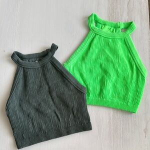 Aerie Ribbed Halter Top- Neon Green and Green/Grey